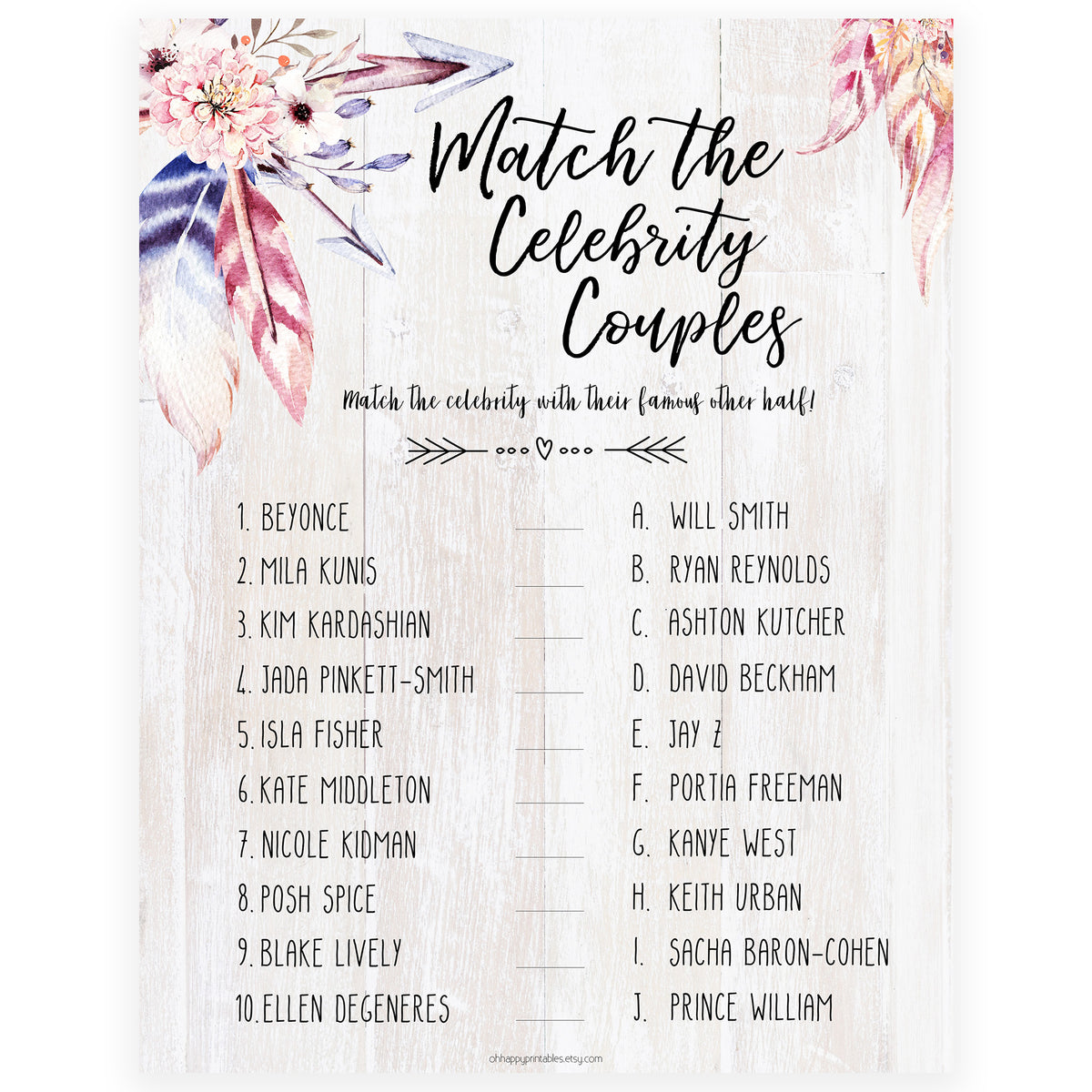 Match Celebrity Couples Game - Boho