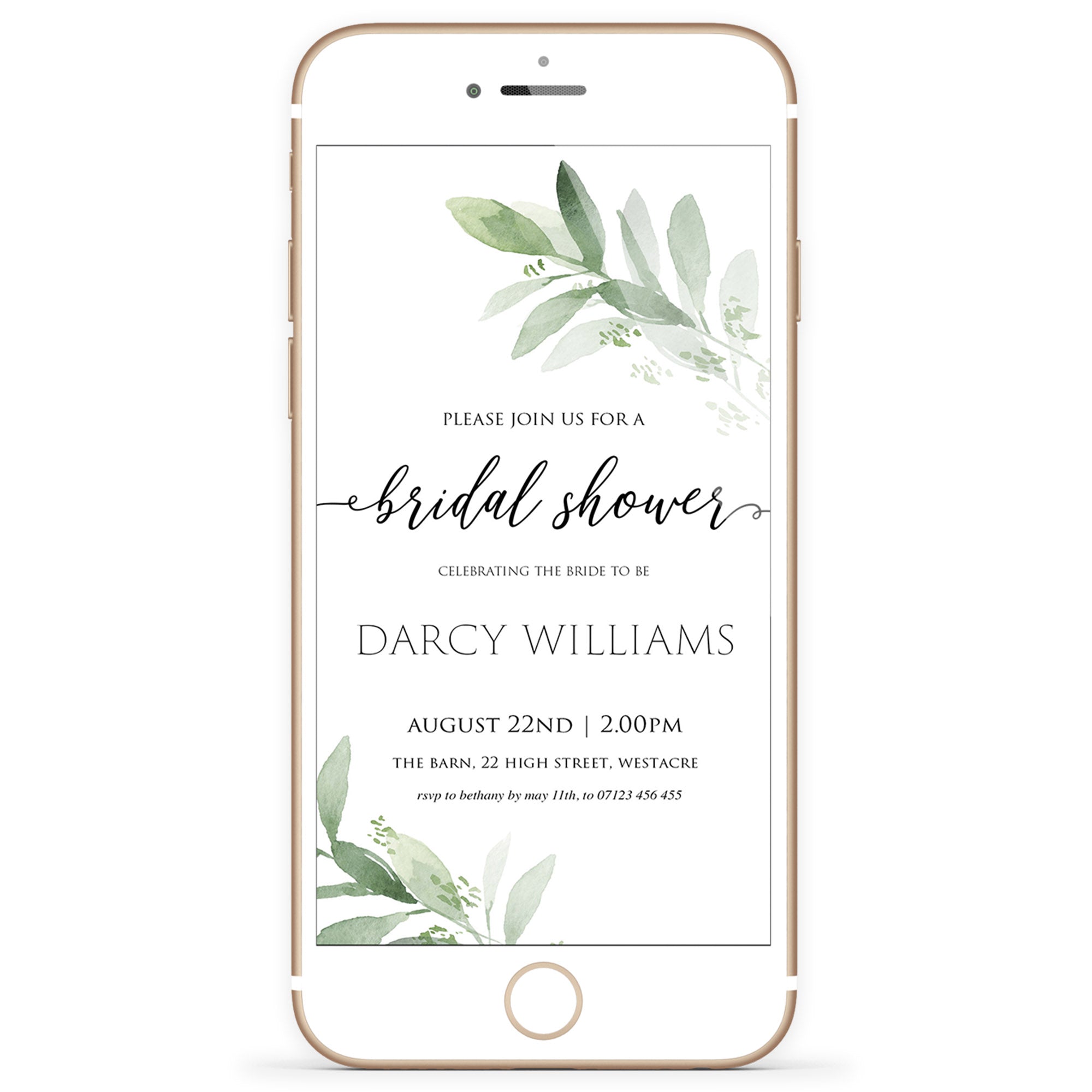 Bridal shower digital invitation, greenery bridal shower invite, mobile invites, editable bridal shower invite, corjl bridal invite, bachelorette party invite