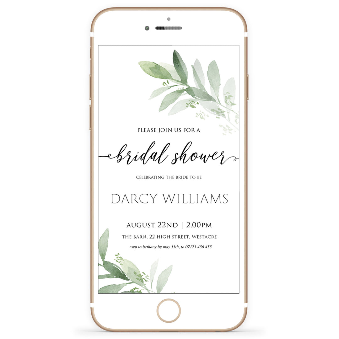 Bridal shower digital invitation, greenery bridal shower invite, mobile invites, editable bridal shower invite, corjl bridal invite, bachelorette party invite