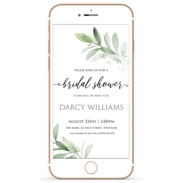 Bridal shower digital invitation, greenery bridal shower invite, mobile invites, editable bridal shower invite, corjl bridal invite, bachelorette party invite