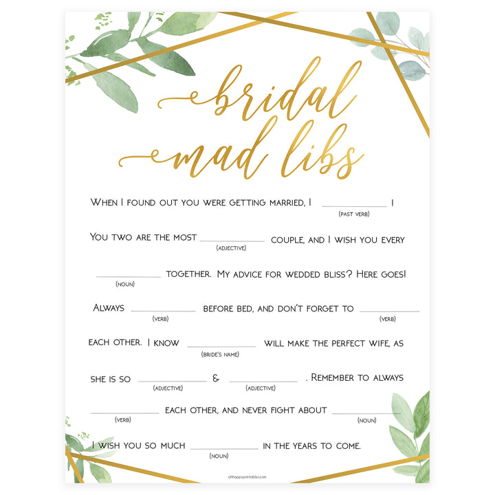 Bridal Mad Libs Game - Gold Greenery