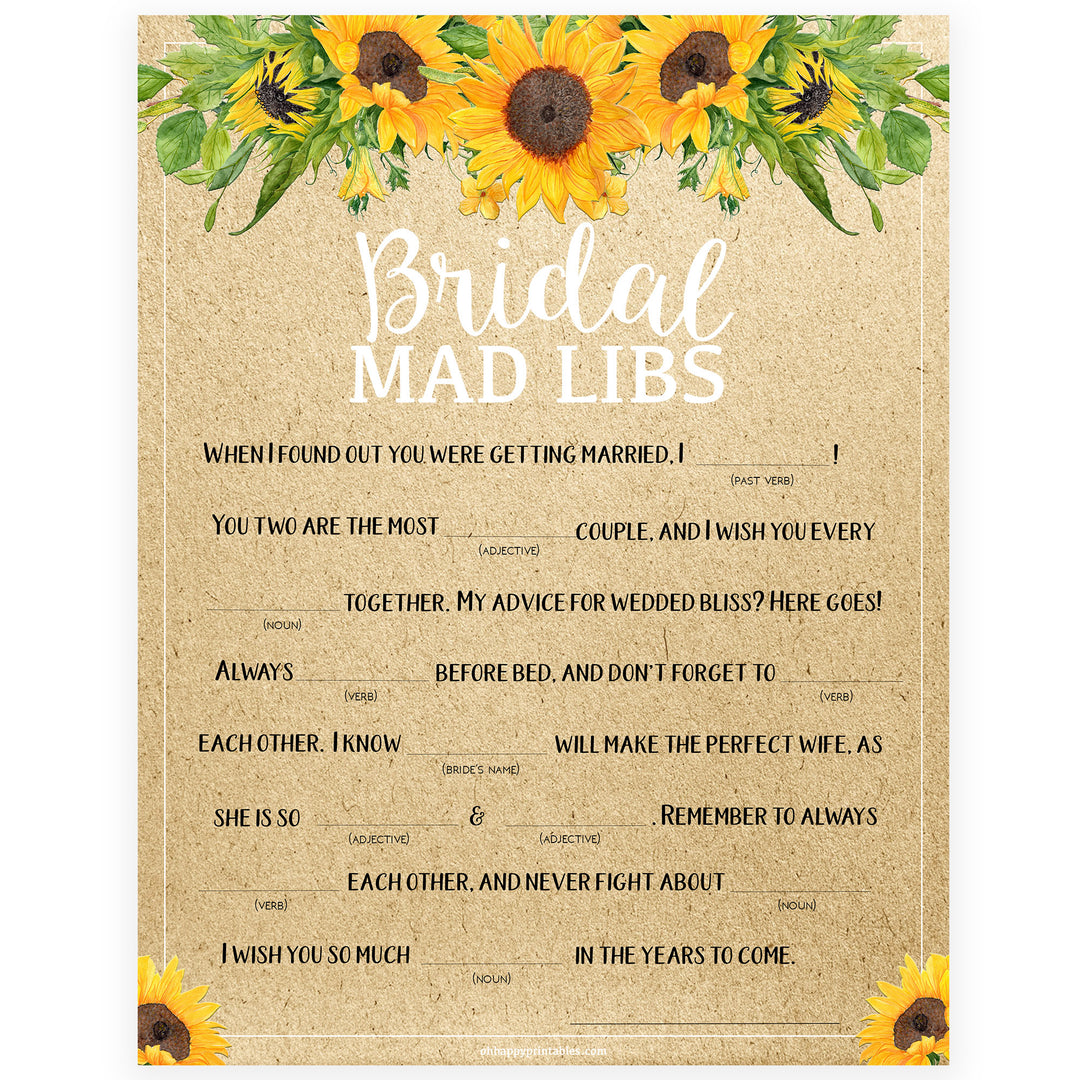 Bridal Mad Libs Game - Sunflowers