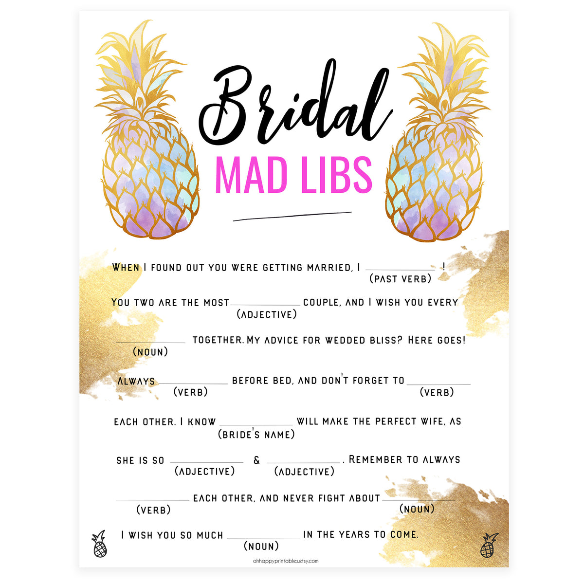 Bridal Mad Libs Game - Gold Pineapple