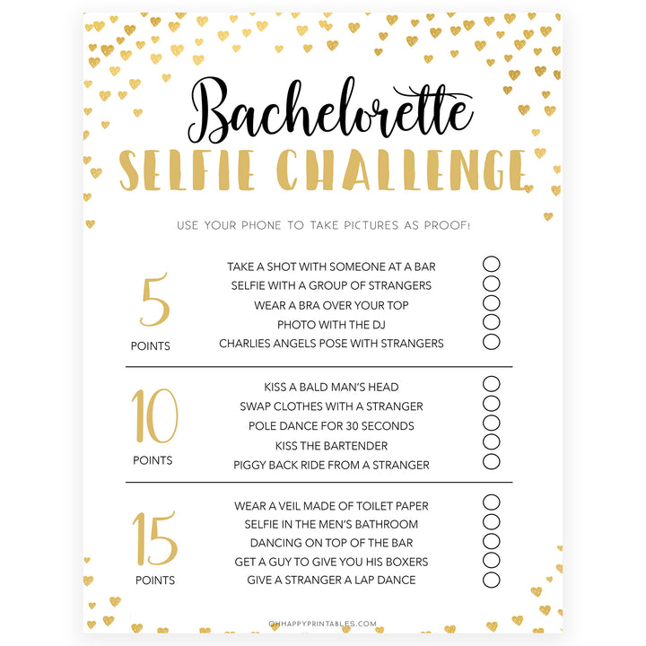 Gold hearts bachelorette games, bachelorette selfie challenge game, printable bachelorette games, hen party games, top party games, fun bridal shower games, bachelorette party games