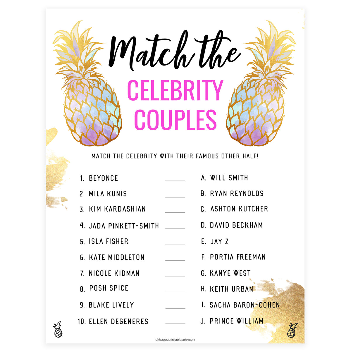 Match Celebrity Couples Game - Gold Pineapple