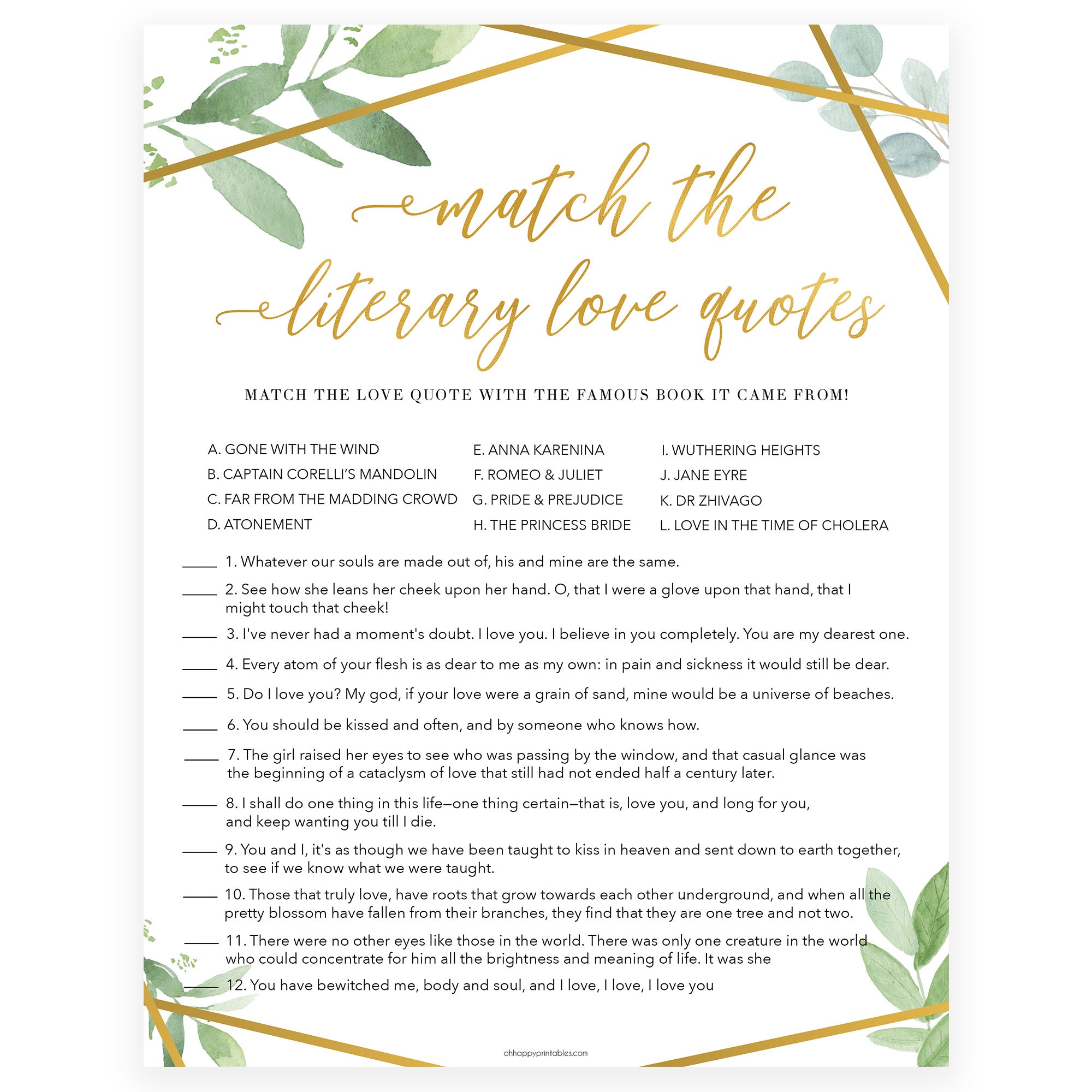 match the literary love quotes game, printable bridal shower games, floral bridal shower games, gold bridal shower games, fun bridal shower game ideas