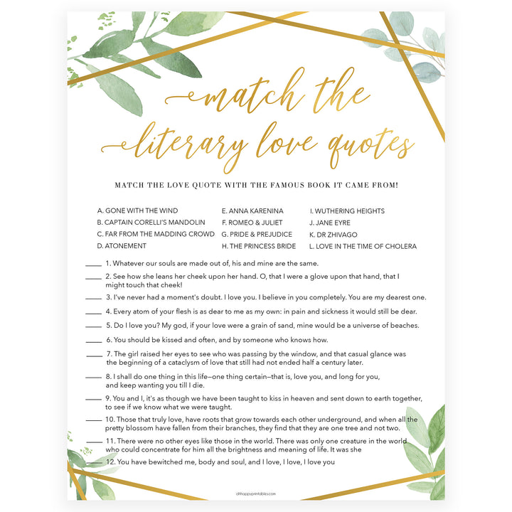 match the literary love quotes game, printable bridal shower games, floral bridal shower games, gold bridal shower games, fun bridal shower game ideas