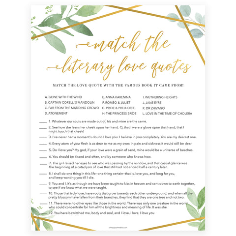 match the literary love quotes game, printable bridal shower games, floral bridal shower games, gold bridal shower games, fun bridal shower game ideas