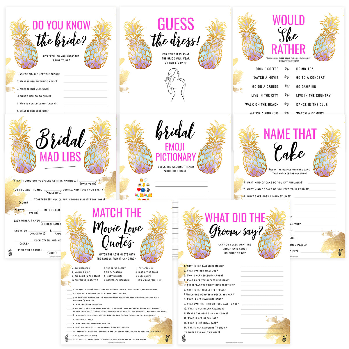 8 Bridal Shower Games Bundle - Gold Pineapple