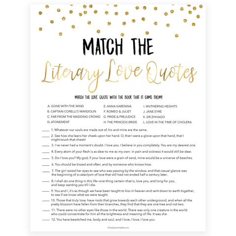 match the literary love quotes, love quotes game, Printable bridal shower games, gold glitter bridal shower, gold glitter bridal shower games, fun bridal shower games, bridal shower game ideas, gold glitter bridal shower