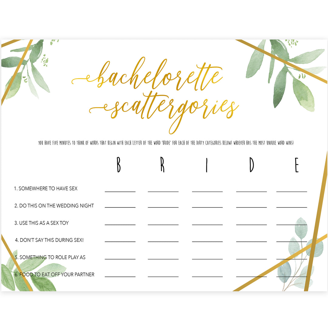 Dirty Bachelorette Scattergories - Gold Greenery