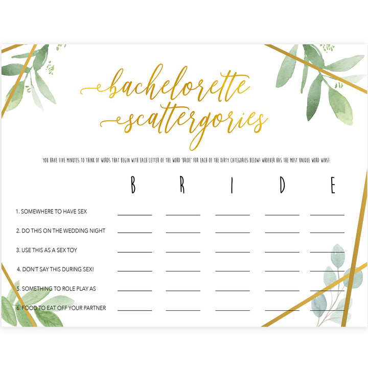 Dirty Bachelorette Scattergories - Gold Greenery