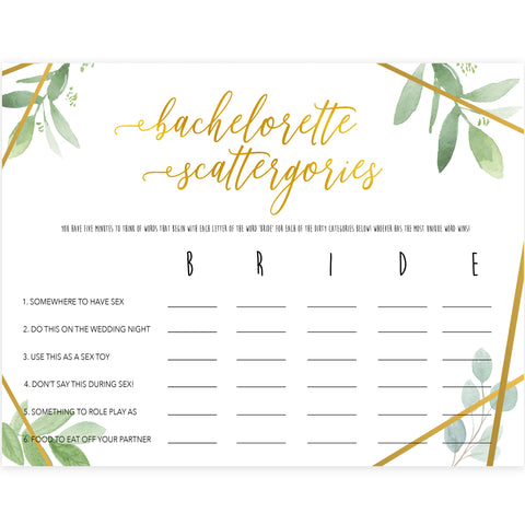 Dirty Bachelorette Scattergories - Gold Greenery