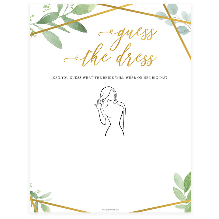 guess the dress bridal shower game, floral bridal shower games, gold bridal shower games, printable bridal games, bridal shower party ideas