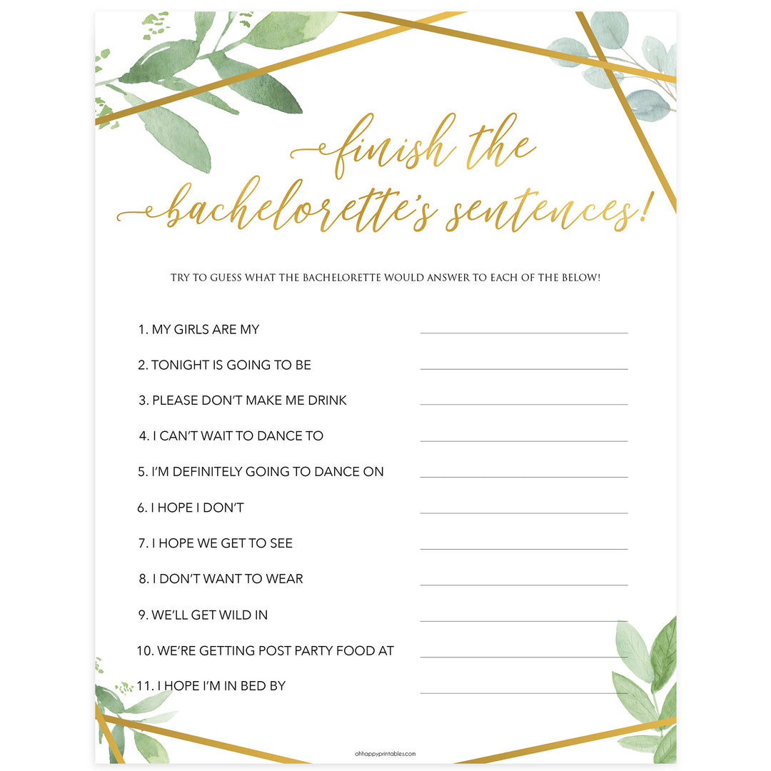 Finish Bachelorette Sentences - Gold Greenery