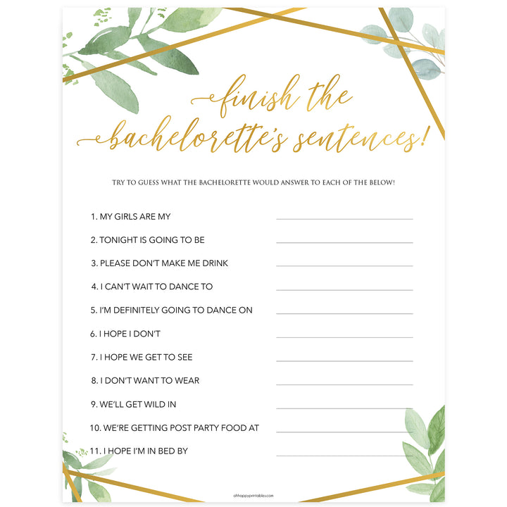 Finish Bachelorette Sentences - Gold Greenery