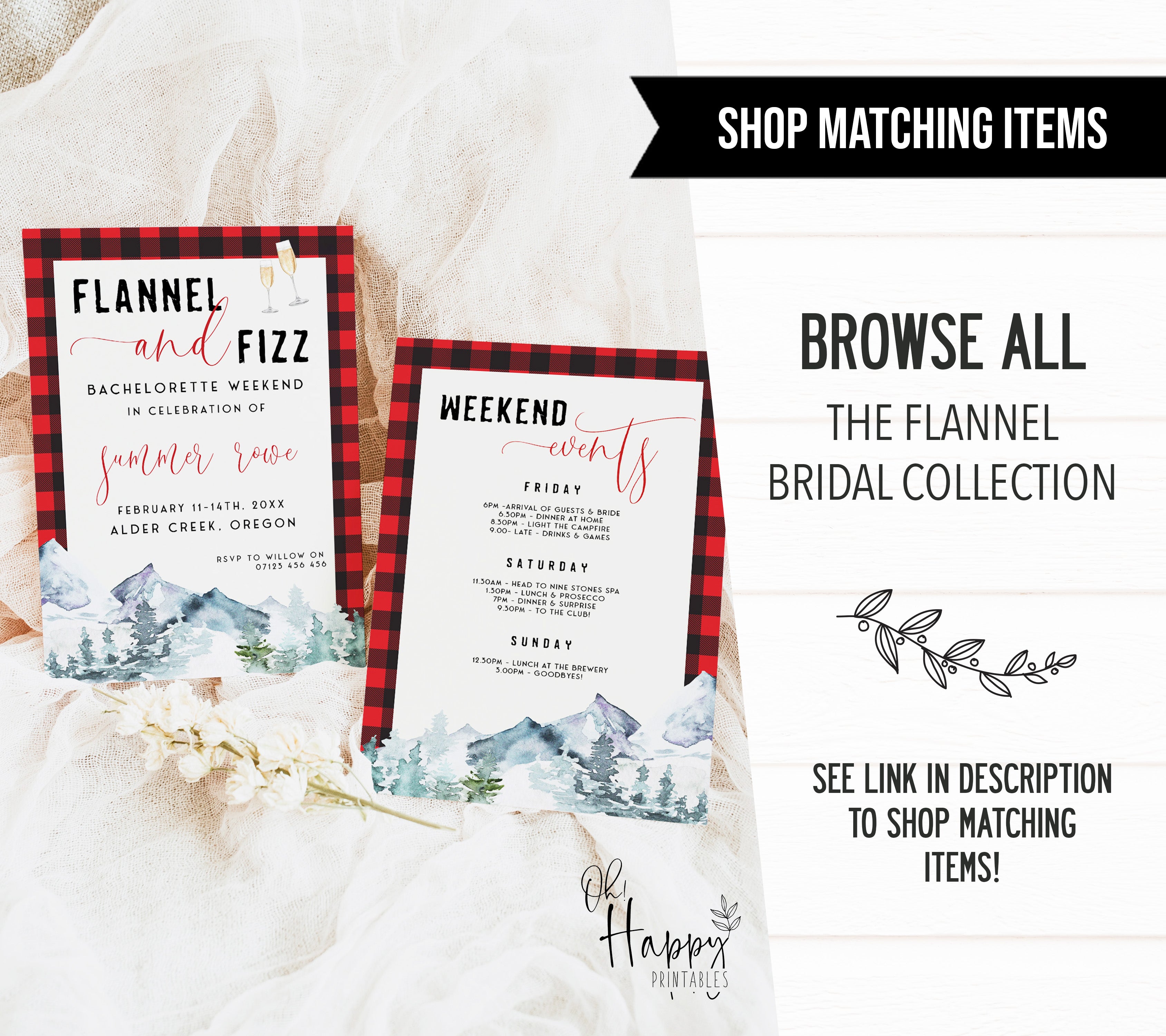 Fully editable and printable bachelorette invitation with a flannel design. Perfect for a woodland flannel Bachelorette themed party