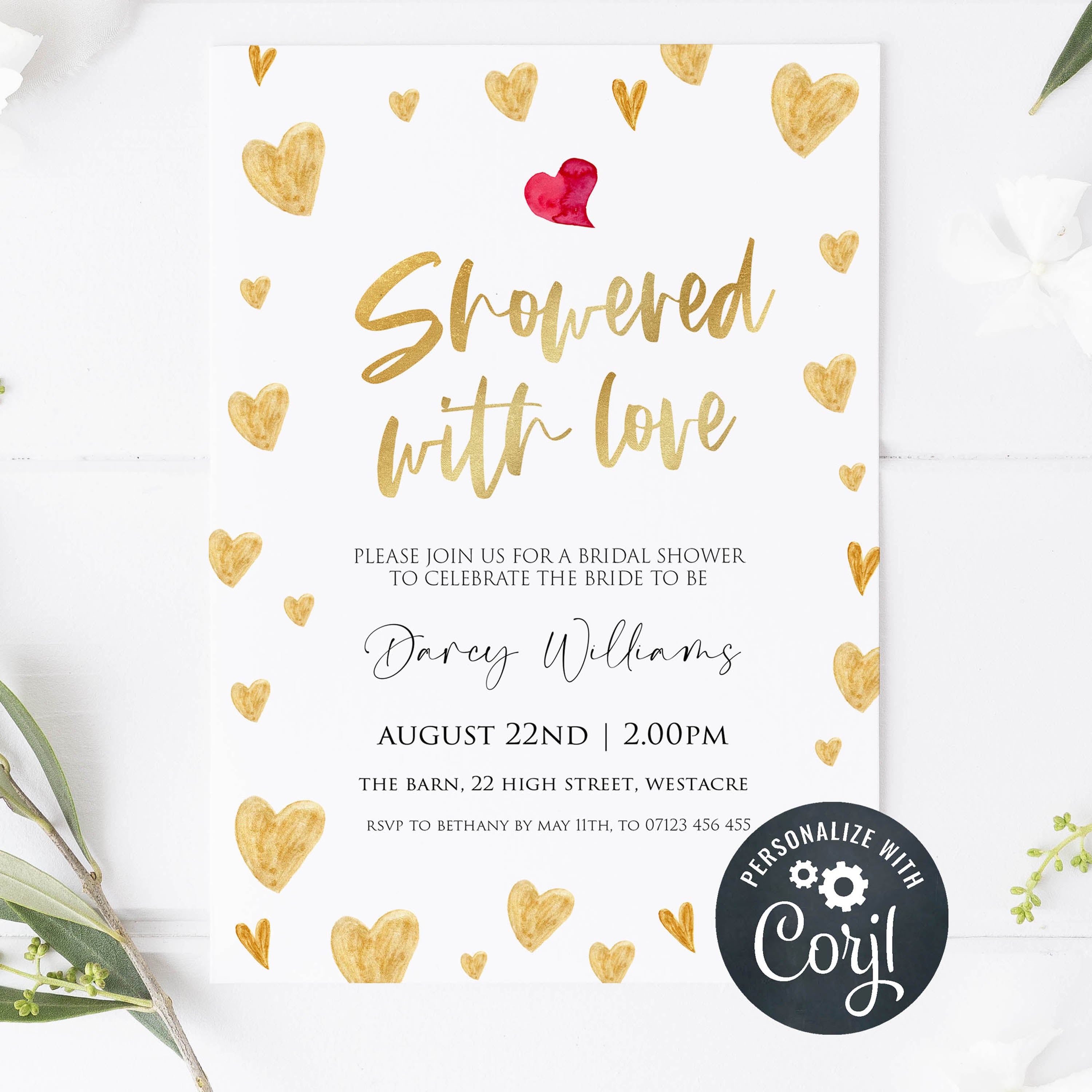 gold hearts bridal shower invitations, printable bridal shower invites, editable bridal shower invitations, bachelorette party invites, hen party invitations