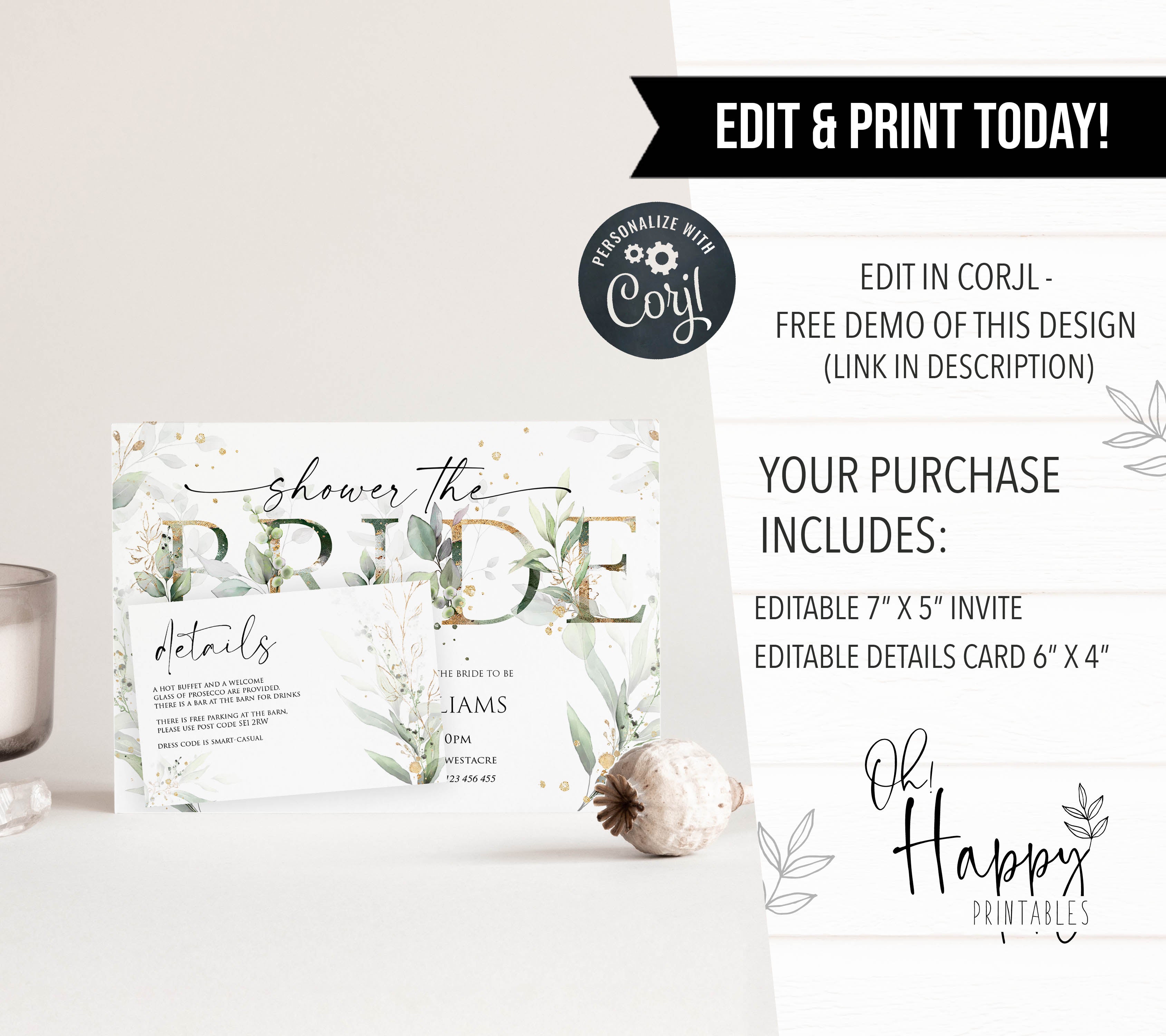 editable bridal shower invitations, printable bridal shower invites, floral bachelorette invites, hen party invitations, gold floral bridal invitations