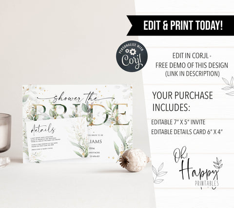 editable bridal shower invitations, printable bridal shower invites, floral bachelorette invites, hen party invitations, gold floral bridal invitations