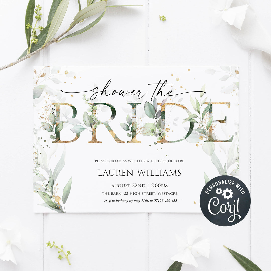 editable bridal shower invitations, printable bridal shower invites, floral bachelorette invites, hen party invitations, gold floral bridal invitations