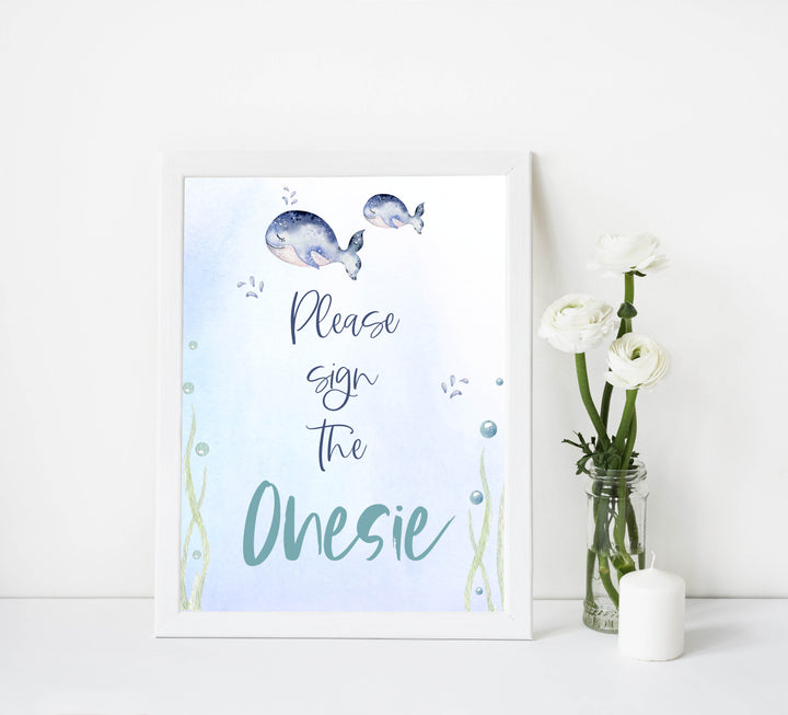 sign the onesie baby game, whale baby shower ideas