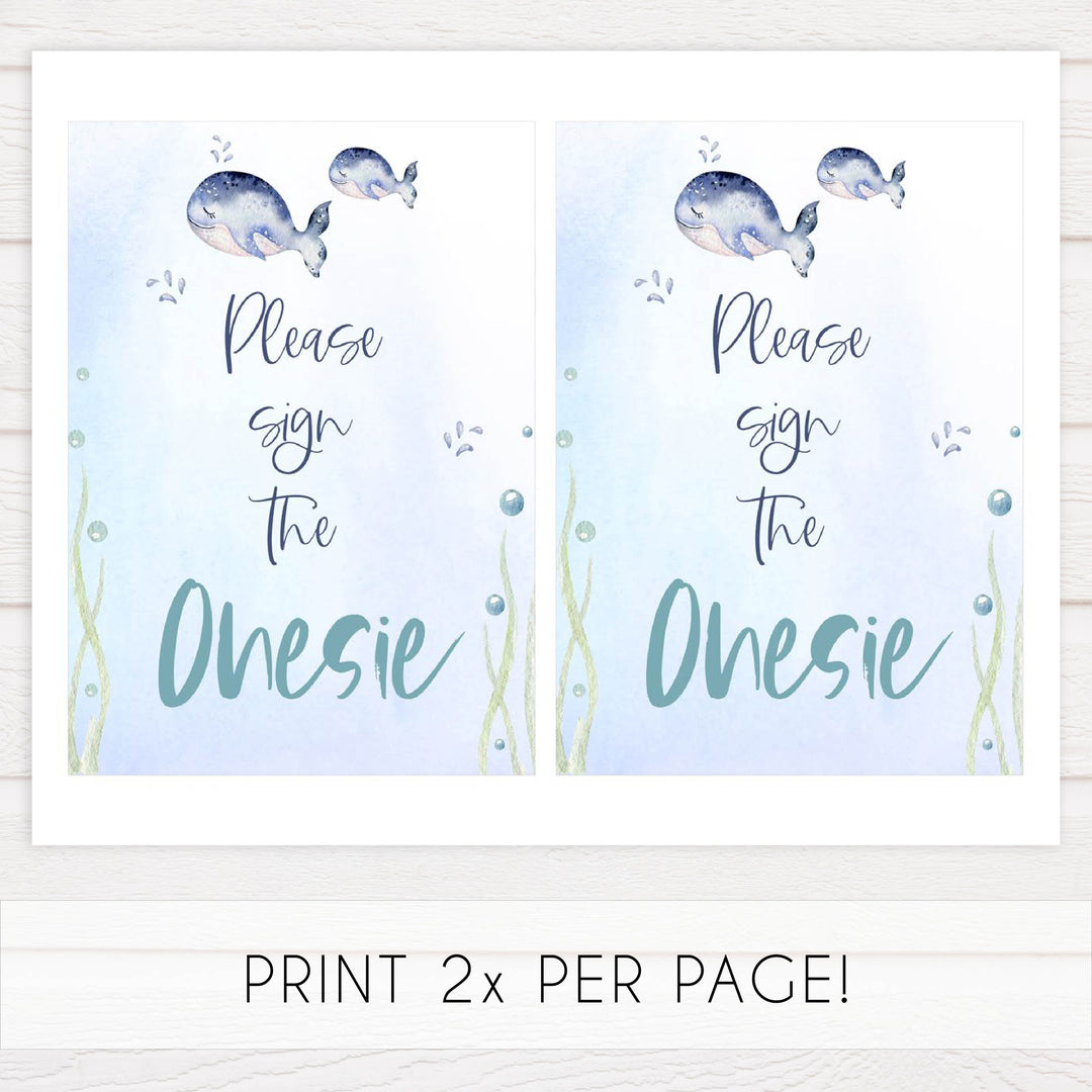 sign the onesie baby game, whale baby shower ideas