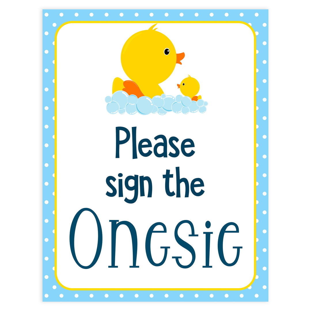 Rubber ducky baby shower, please sign the onesie sign, printable baby shower games, fun baby games, rubber ducky baby games