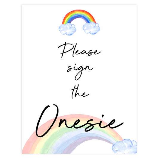 rainbow baby shower, sign the onesie baby game, printable baby games, fun baby games, onesie baby game