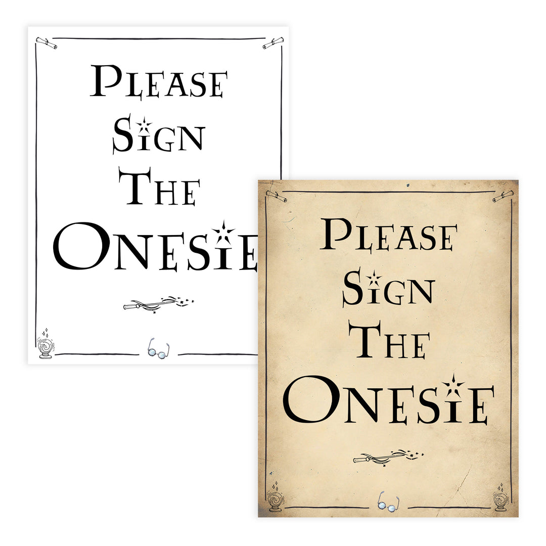 Sign The Onesie Baby Sign, Wizard baby shower signs, printable baby shower decor, Harry Potter baby decor, Harry Potter baby shower ideas, fun baby decor, fun baby signs