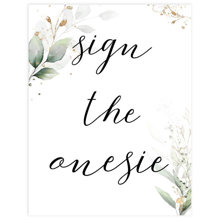Gold green leaf baby signs, sign the onesie, printable baby shower decor, fun baby signs, top baby games to play, gold leaf baby shower decor, greenery baby shower ideas