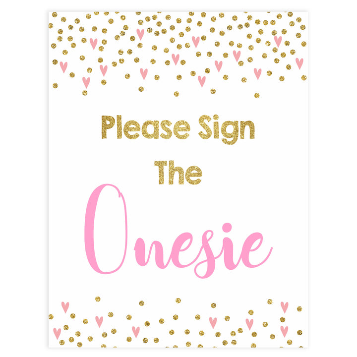 please sign the onesie, sign the onesie game, Printable baby shower games, small pink hearts fun baby games, baby shower games, fun baby shower ideas, top baby shower ideas, gold baby shower, pink hearts baby shower ideas