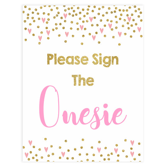 please sign the onesie, sign the onesie game, Printable baby shower games, small pink hearts fun baby games, baby shower games, fun baby shower ideas, top baby shower ideas, gold baby shower, pink hearts baby shower ideas