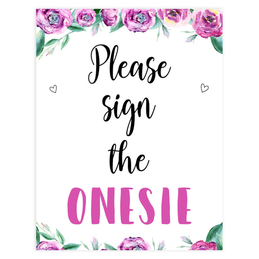 please sign the onesie sign, printable baby shower signs, fun baby shower games, purple peonies baby shower ideas
