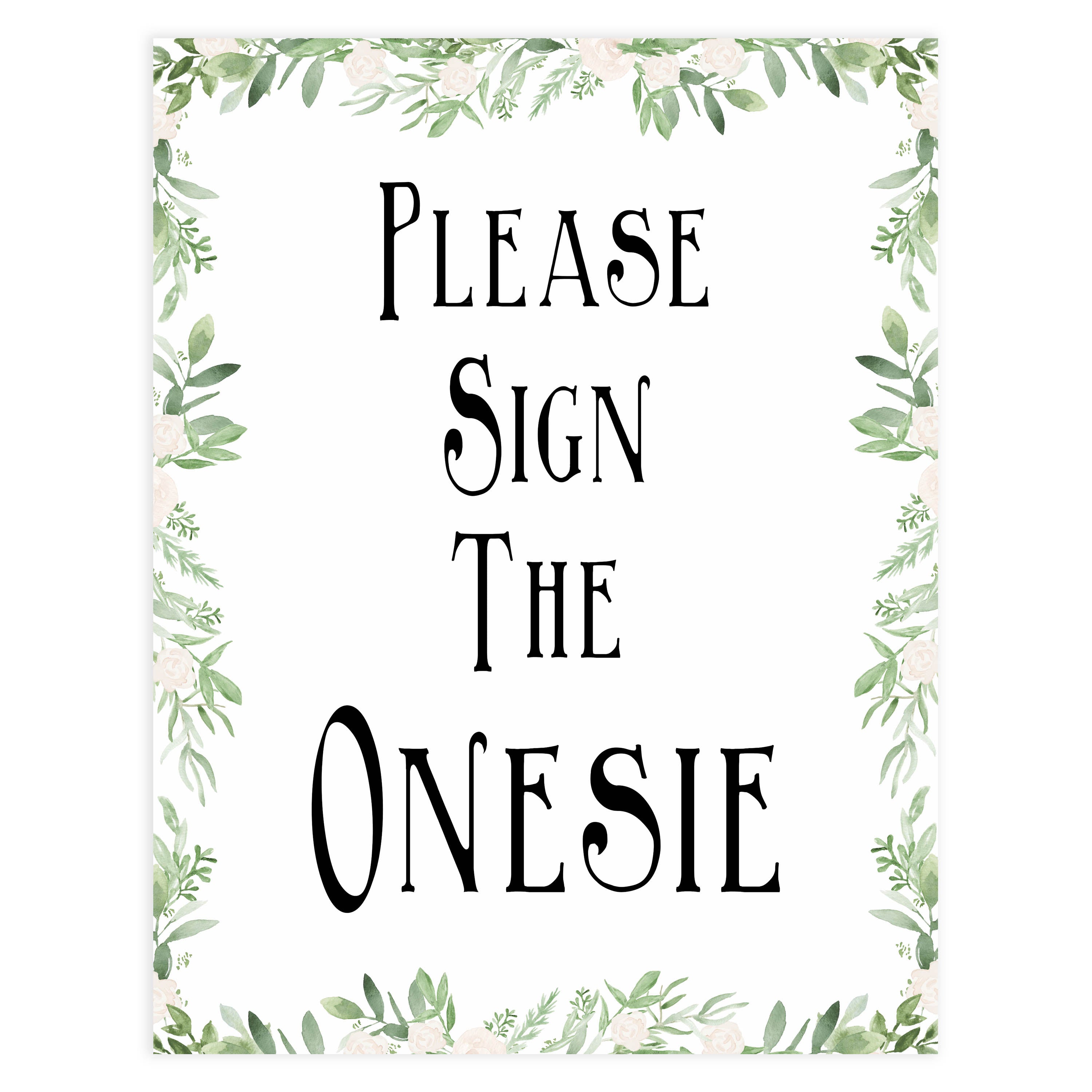 Please sign the onesie sign, Printable baby shower games, greenery baby shower games, fun floral baby games, botanical baby shower games,