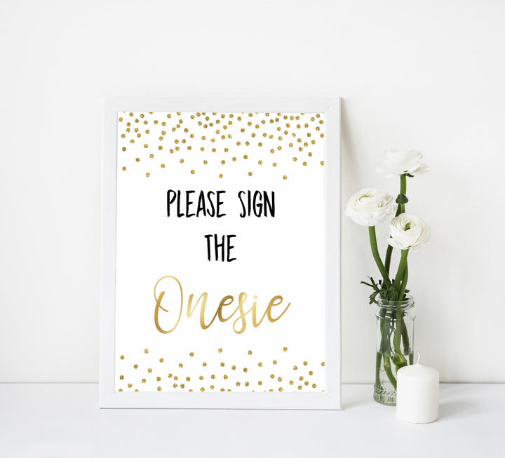 Sign the onesie baby games, gold baby shower games, gold glitter baby games, printable baby games, fun baby shower ideas, top baby shower games