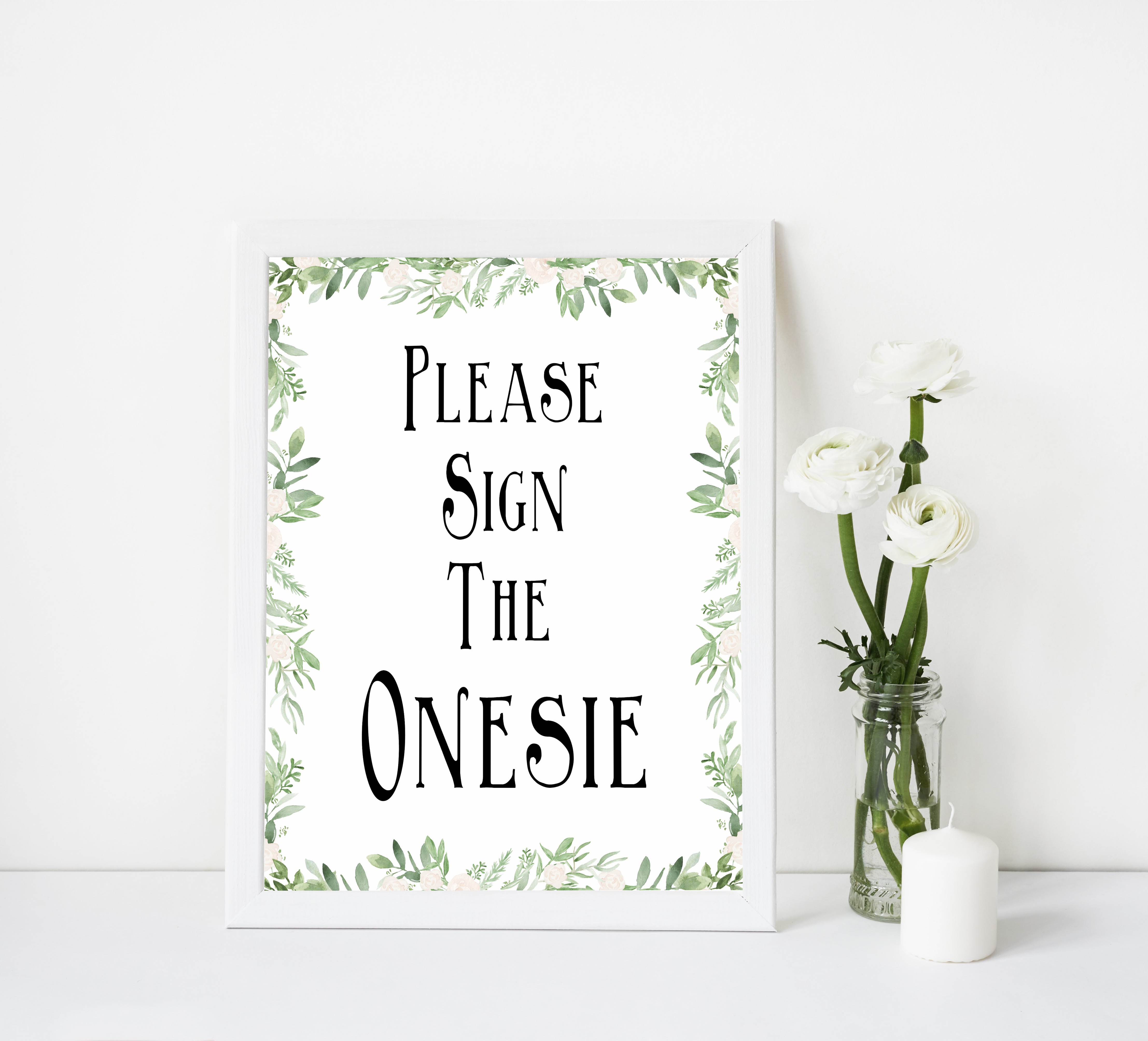 Please sign the onesie sign, Printable baby shower games, greenery baby shower games, fun floral baby games, botanical baby shower games,