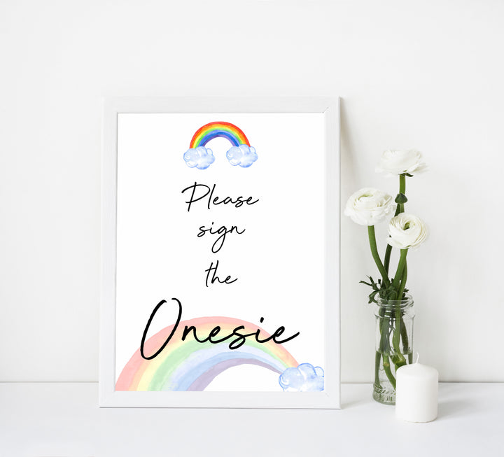 rainbow baby shower, sign the onesie baby game, printable baby games, fun baby games, onesie baby game