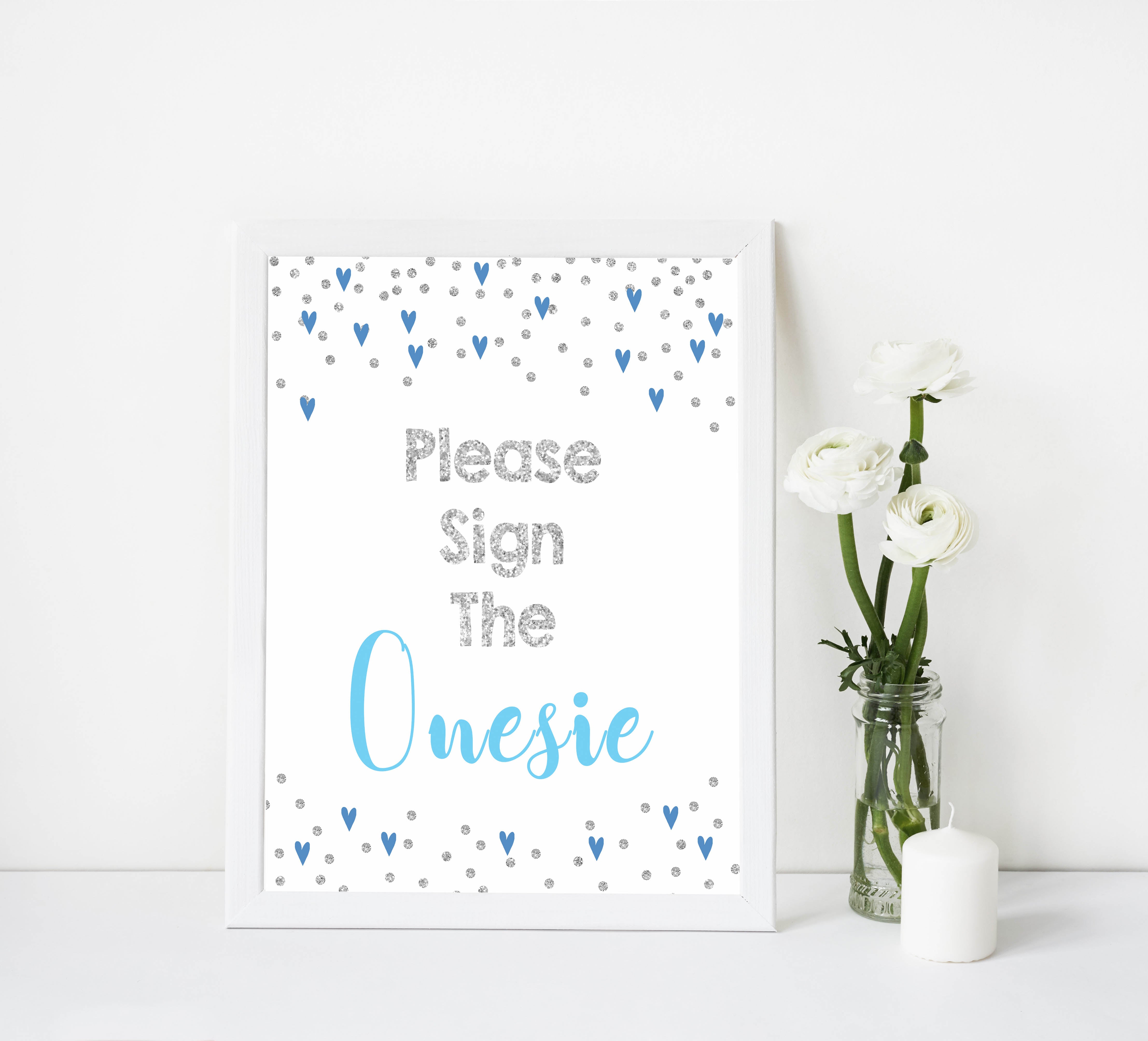 sign the onesie game, sign the onesie, Printable baby shower games, small blue hearts fun baby games, baby shower games, fun baby shower ideas, top baby shower ideas, silver baby shower, blue hearts baby shower ideas