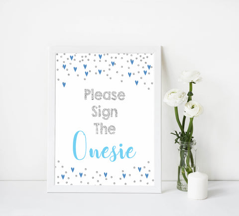 sign the onesie game, sign the onesie, Printable baby shower games, small blue hearts fun baby games, baby shower games, fun baby shower ideas, top baby shower ideas, silver baby shower, blue hearts baby shower ideas