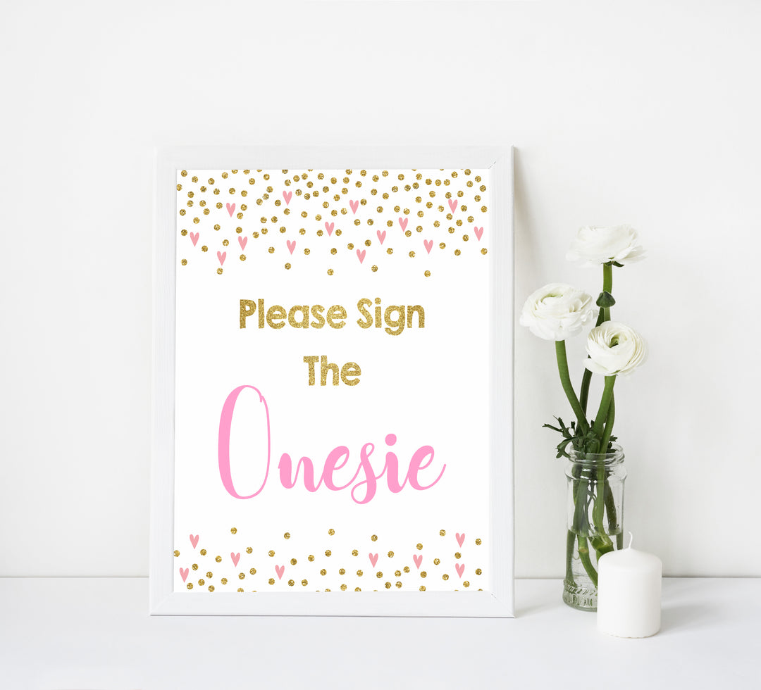please sign the onesie, sign the onesie game, Printable baby shower games, small pink hearts fun baby games, baby shower games, fun baby shower ideas, top baby shower ideas, gold baby shower, pink hearts baby shower ideas