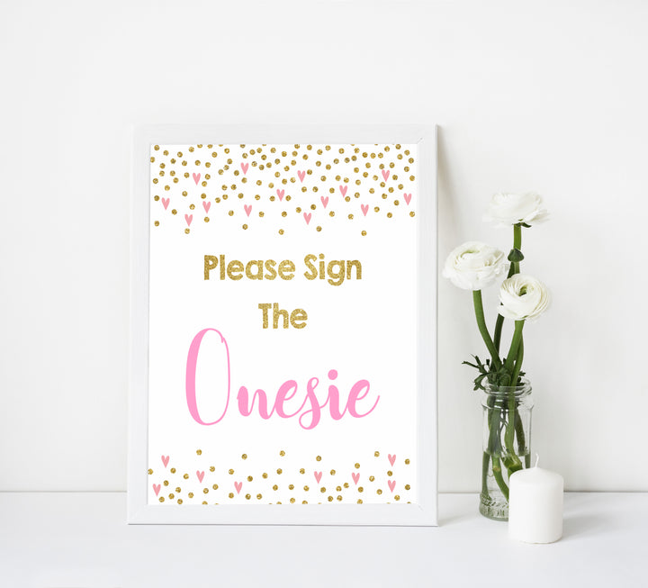 please sign the onesie, sign the onesie game, Printable baby shower games, small pink hearts fun baby games, baby shower games, fun baby shower ideas, top baby shower ideas, gold baby shower, pink hearts baby shower ideas