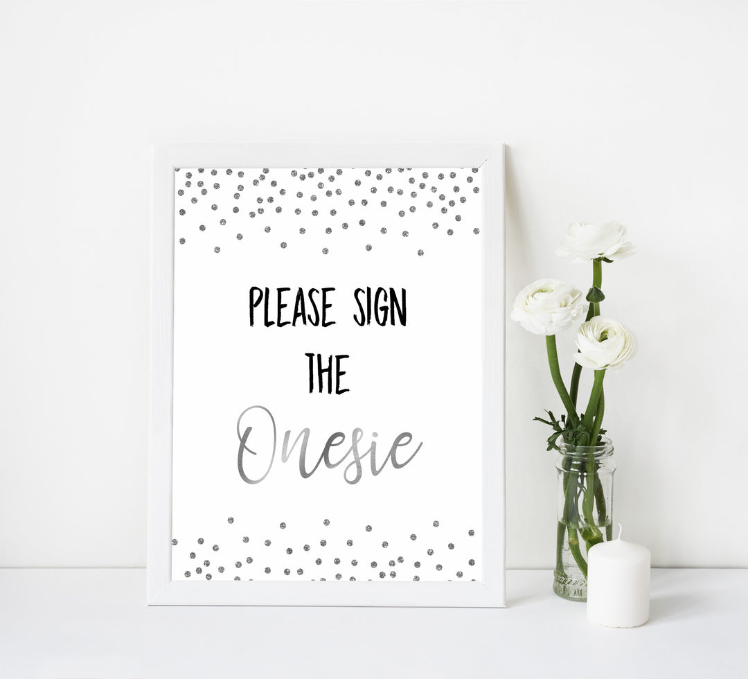 sign the onesie sign, please sign the onesie, Printable baby shower games, baby silver glitter fun baby games, baby shower games, fun baby shower ideas, top baby shower ideas, silver glitter shower baby shower, friends baby shower ideas