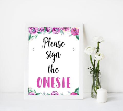 please sign the onesie sign, printable baby shower signs, fun baby shower games, purple peonies baby shower ideas
