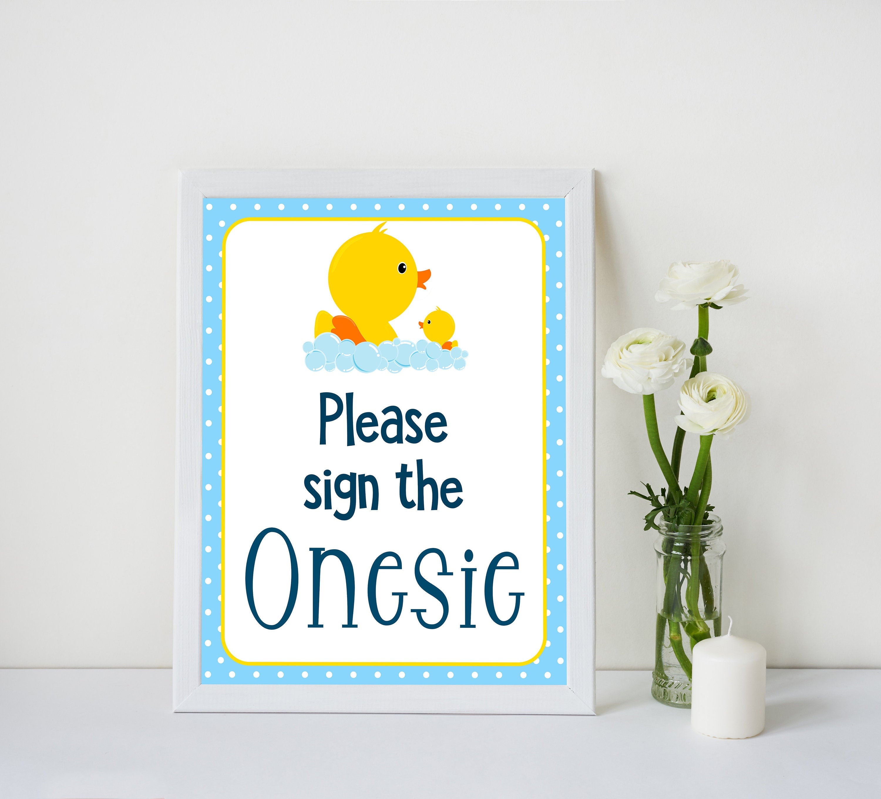 Rubber ducky baby shower, please sign the onesie sign, printable baby shower games, fun baby games, rubber ducky baby games