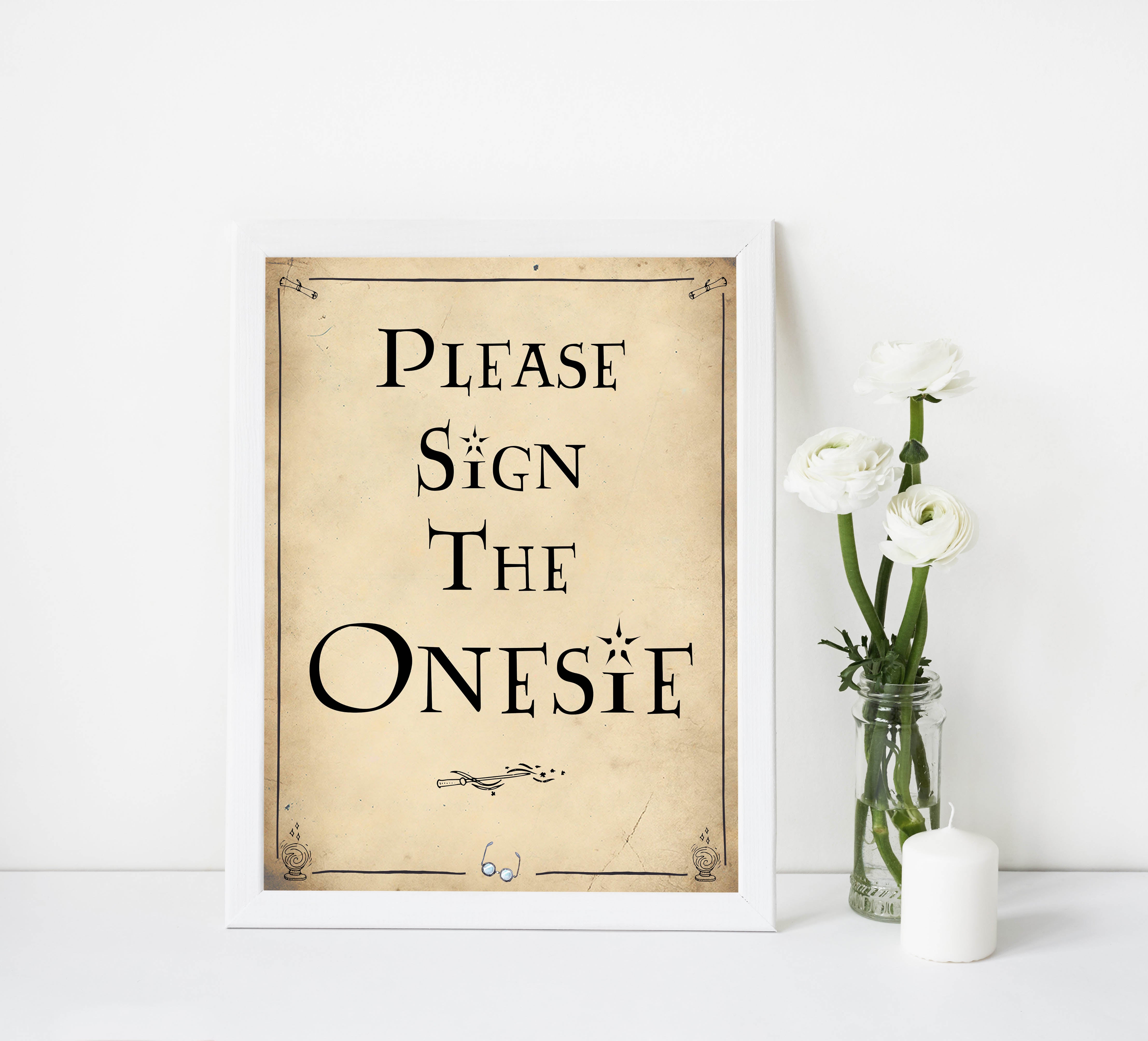 Sign The Onesie Baby Sign, Wizard baby shower signs, printable baby shower decor, Harry Potter baby decor, Harry Potter baby shower ideas, fun baby decor, fun baby signs