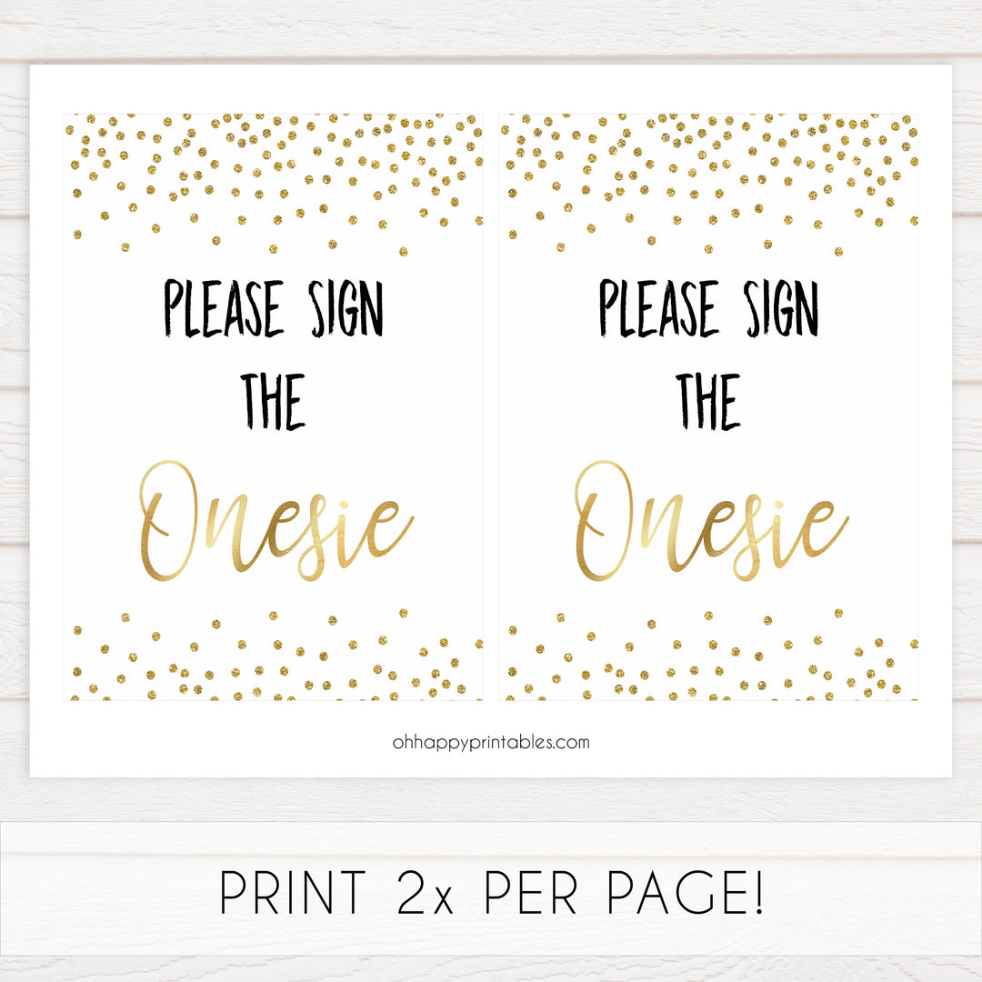 Sign the onesie baby games, gold baby shower games, gold glitter baby games, printable baby games, fun baby shower ideas, top baby shower games