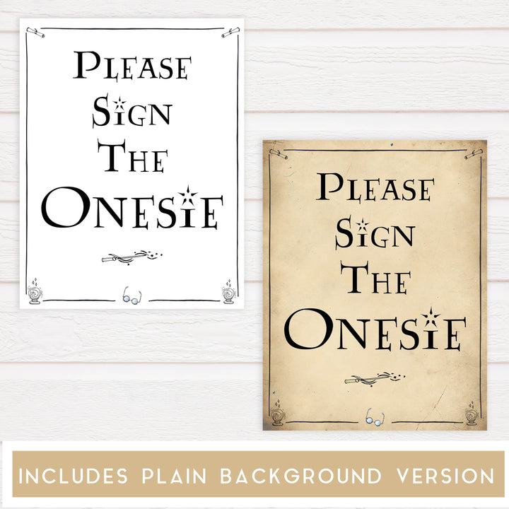 Sign The Onesie Baby Sign, Wizard baby shower signs, printable baby shower decor, Harry Potter baby decor, Harry Potter baby shower ideas, fun baby decor, fun baby signs