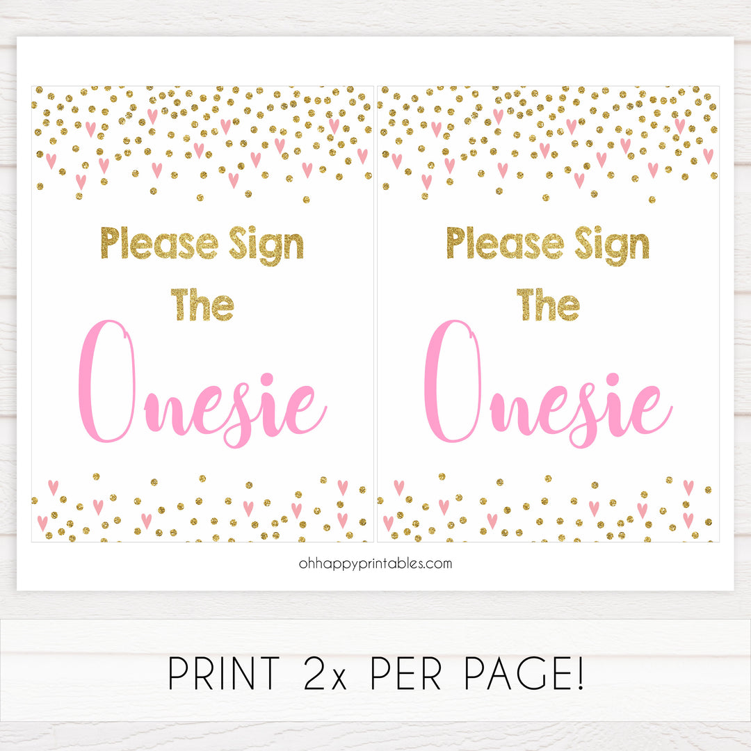please sign the onesie, sign the onesie game, Printable baby shower games, small pink hearts fun baby games, baby shower games, fun baby shower ideas, top baby shower ideas, gold baby shower, pink hearts baby shower ideas