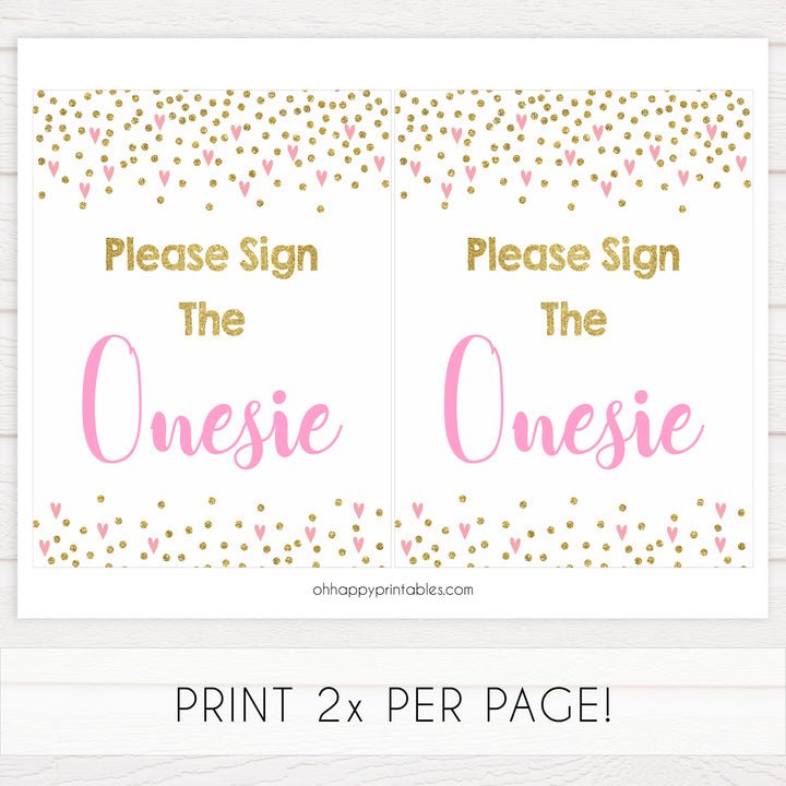 please sign the onesie, sign the onesie game, Printable baby shower games, small pink hearts fun baby games, baby shower games, fun baby shower ideas, top baby shower ideas, gold baby shower, pink hearts baby shower ideas